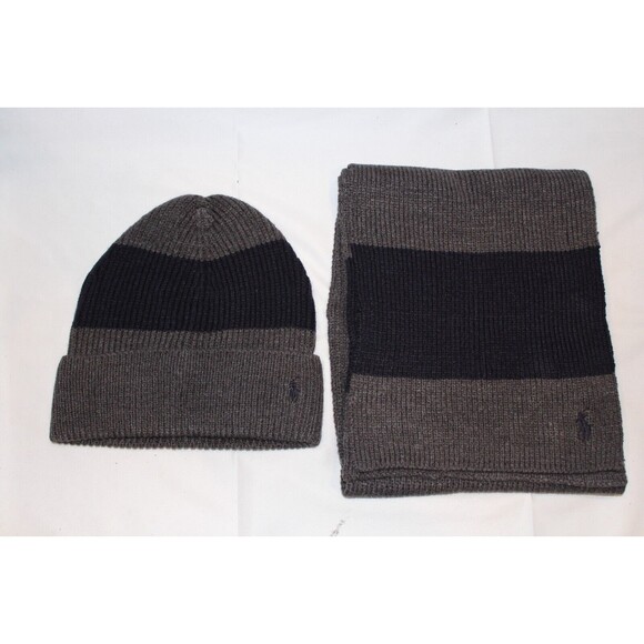 Polo Ralph Lauren Mens Hat Scarf 2 Piece Box Set One Size Gray with Navy Stripe - Picture 4 of 6